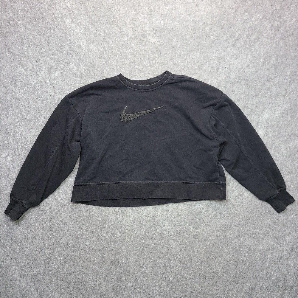 Nike Crop Sweatshirt Womens Medium Black Center Solo Fuzzy Swoosh Crew Neck‎